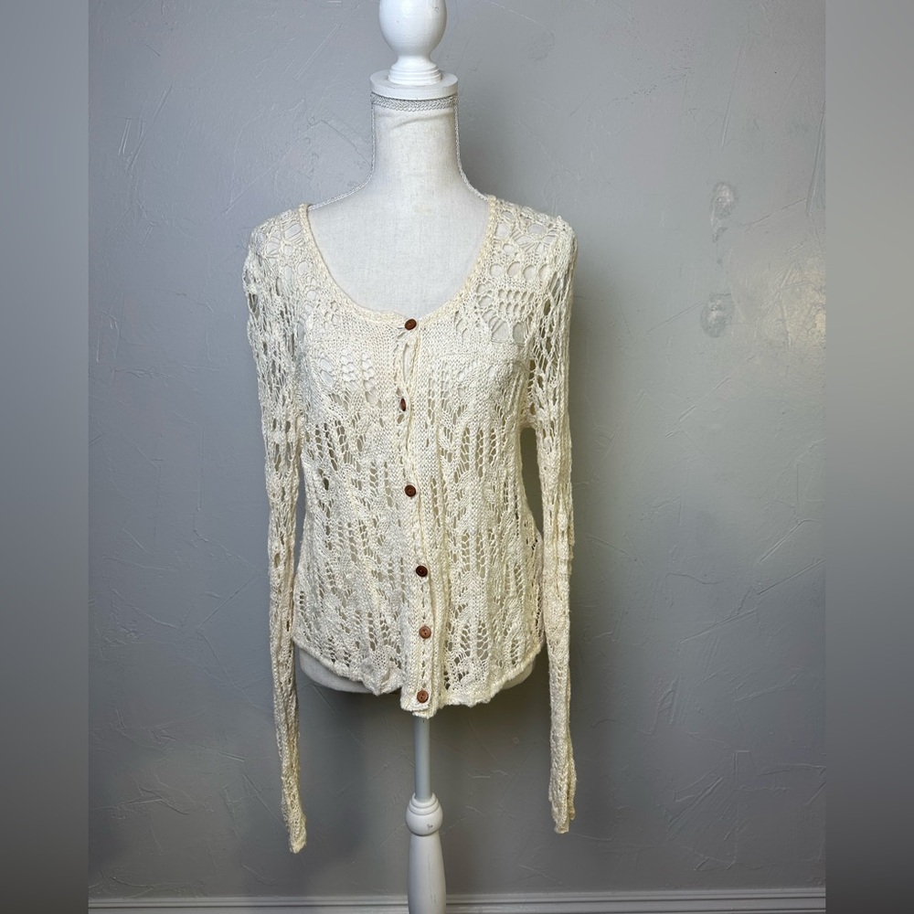 Lucky Brand Crochet Knit Button Up Cardigan